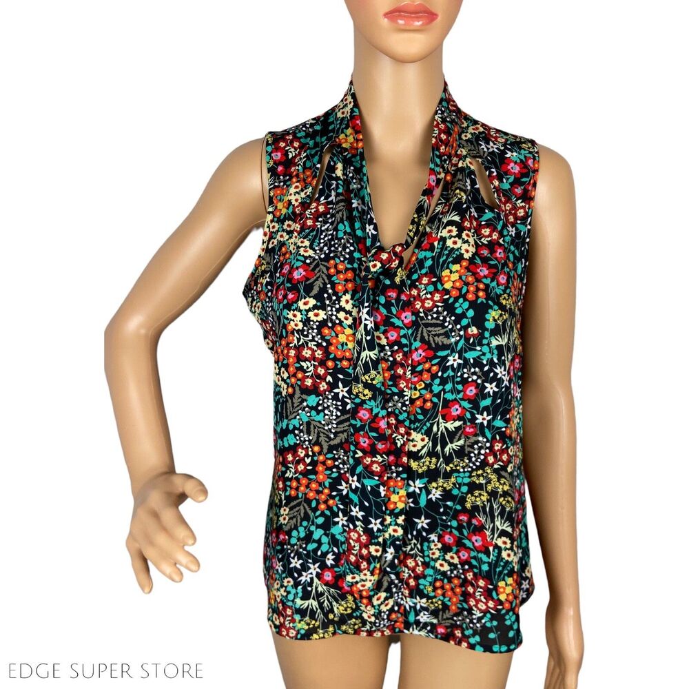 New York & Co Floral Red Green Black Sleeveless Tie Up Blouse Top Size XSmall